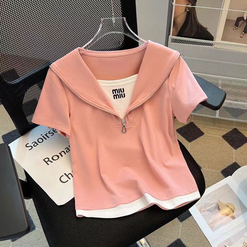 Nueva camiseta de manga corta de dos piezas falsa 2024 verano reducción de edad estilo occidental moda salvaje de manga corta ins mujer de moda delgada