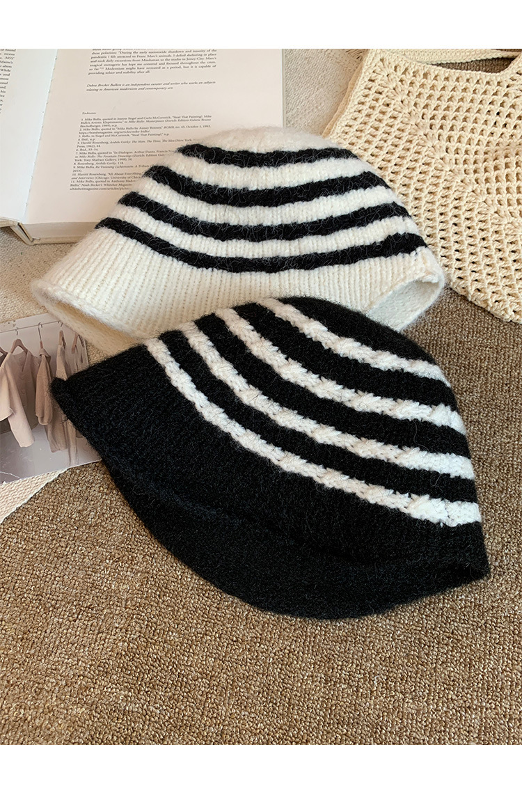 Cappello da pescatore in peluche retrò a righe in stile giapponese per donna, autunno e inverno, caldo, versatile, a tesa larga, snellente per il viso_voghion.com