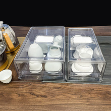 ZN0W批发茶具收纳盒带盖防尘抽屉式可叠加透明大容量带沥水板茶杯