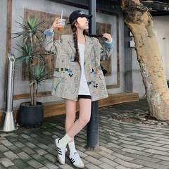 小众格子涂鸦西装印花外套2025新款正肩宽松休闲韩系中长款西服