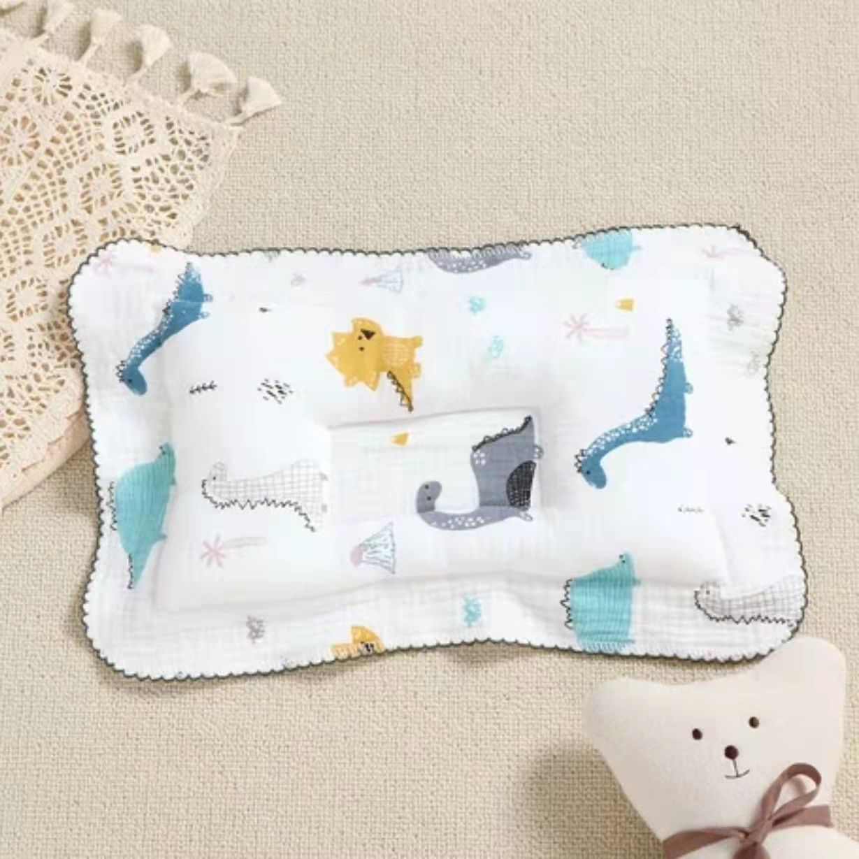 婴儿枕头纯棉纱布宝宝定型枕花边全棉新生头型防偏头矫正低枕0-6