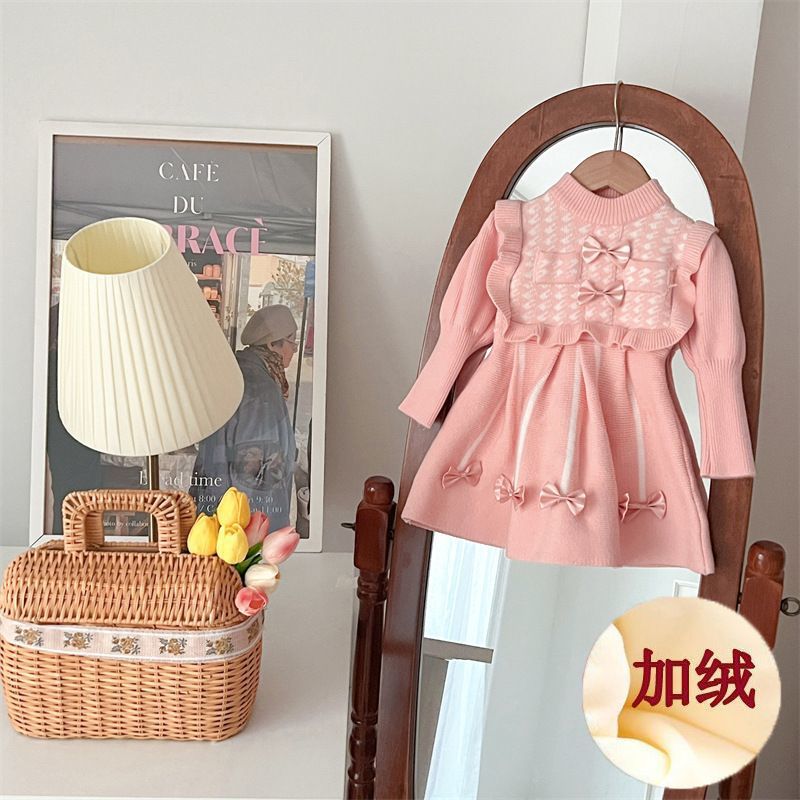新年服女童毛衣裙童装针织长裙2025秋冬加绒加厚新款六节裙毛圈