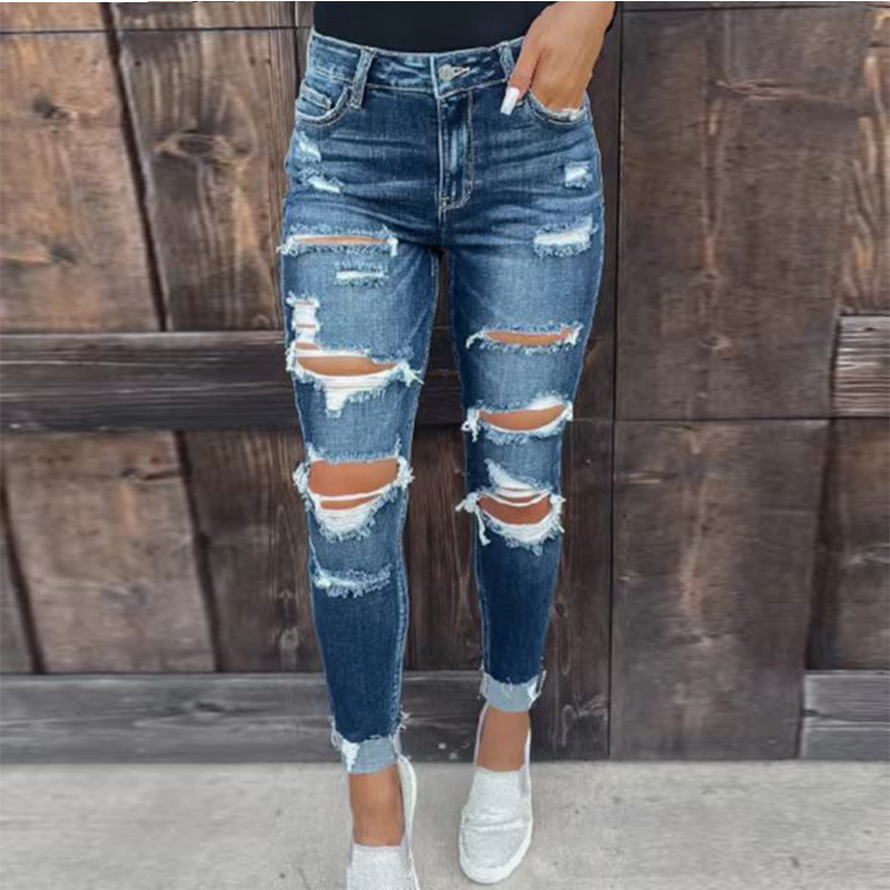 Retro Solid Color Denim Cotton Full Length Jeans