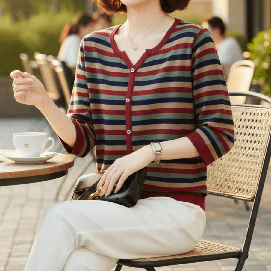 Early autumn new large size thin V-neck striped versatile knit top 2026 women's clothing, loose-fitting, slimming for mothers