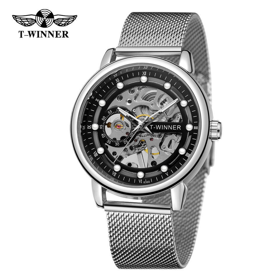 T-winner reloj de hombre europeo y americano reloj mecánico manual hueco de moda transparente reloj de correa de malla de milán 8258