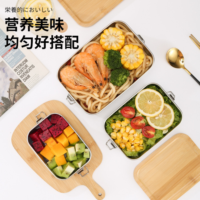 304 de acero inoxidable caja de almacenamiento japonesa con cubierta de bambú cubierta de madera sellada rectangular caja de almuerzo descongelación almacenamiento refrigerador