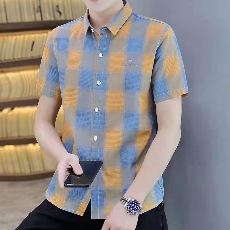 Plaid Shirt Men's Short-sleeved Ice Silk Casual Shirt Summer Slim-fit High-end Sense Coat Thin Top for Teenagers