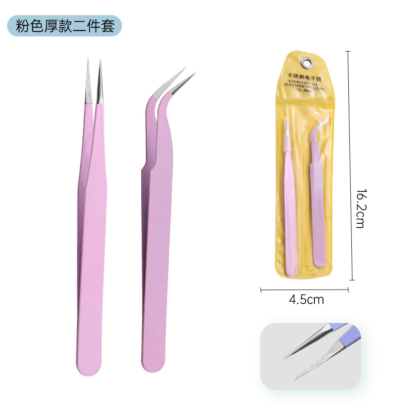 Pinzas para pestañas de acero inoxidable, punta curva, rosa