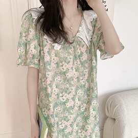 睡裙女夏季新款甜美水墨画公主风短袖连衣裙花边V领家居服长裙