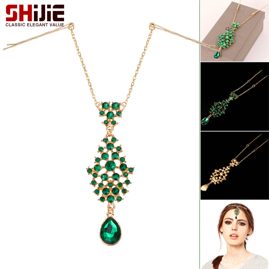 时尚跨境款印第安民族风时尚镂空绿水晶额饰眉心坠发夹新娘头饰品