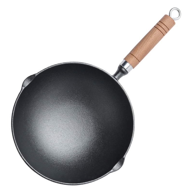 Pequeña felicidad hierro fundido mango de madera hogar wok sopa olla de hierro No química wok sin recubrimiento