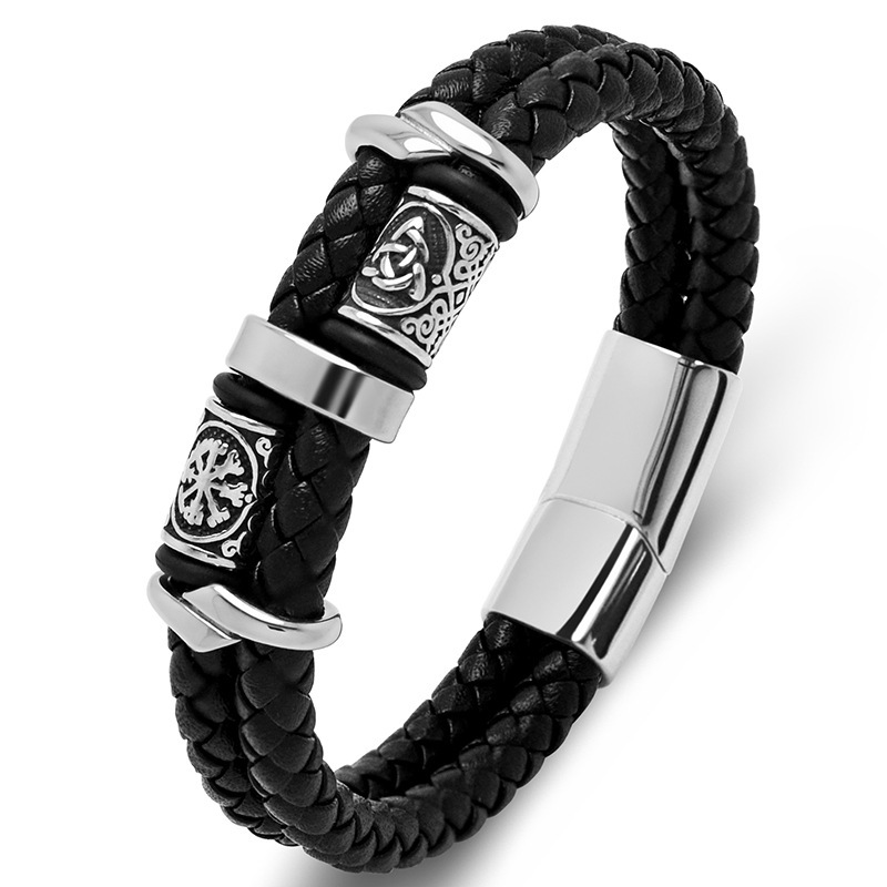 【New Product Launch】Cross-Border Handmade Leather and Stainless Steel Viking Beaded Men's Trendy Bracelet, Supports Customization