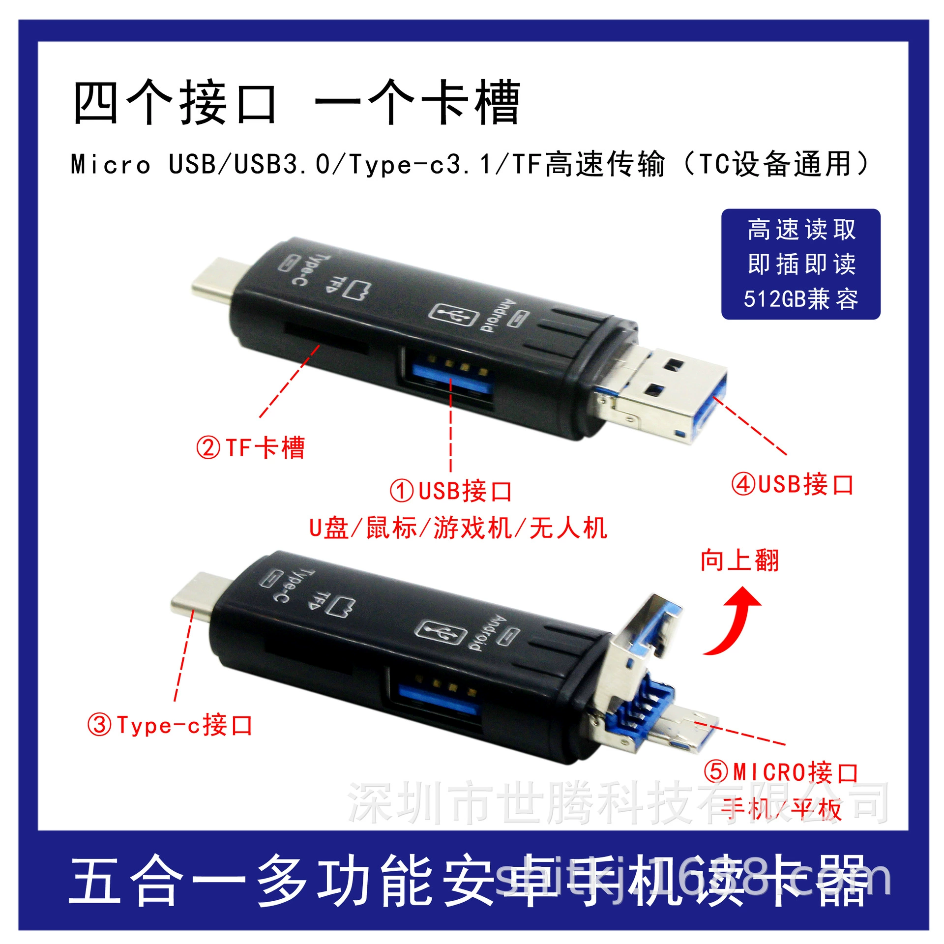 Многофункциональное устройство чтения карт TF «пять в одном» OTG type-c Android мобильный телефон компьютер USB2.0 устройство чтения карт памяти «пять в одном»
