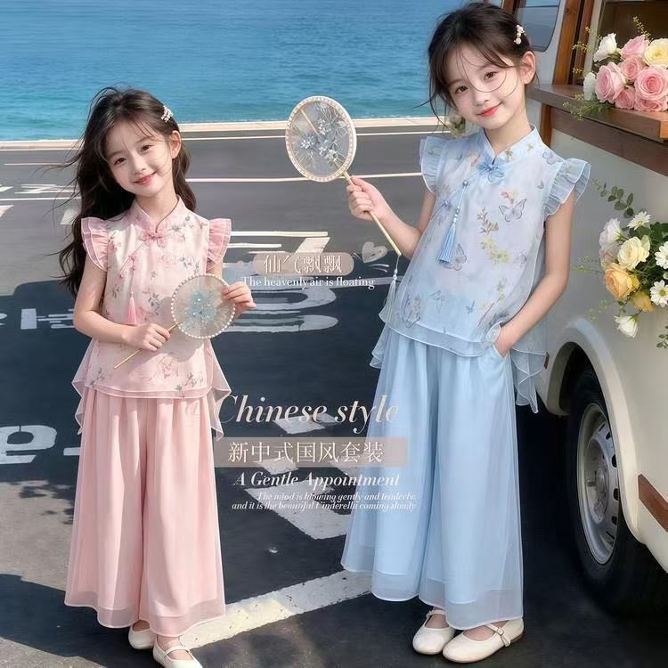 Girls' Summer New Chinese Style Suit 2026, Auspicious Set for Girls, Children's Flying Sleeve Hanfu, Children's Clothing, One-Piece Dropshipping