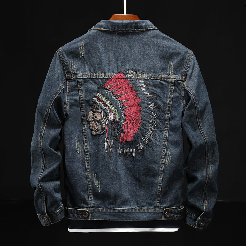 Men's Denim Jacket with Native American Embroidery, Slim Fit, Plus Size Men's Outerwear, Denim Clothing, Men's Top