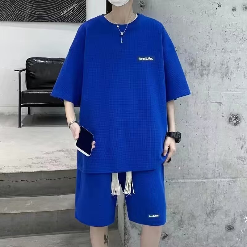 Casual Sports suit Men's Loose Summer Short-sleeved T-shirt Waffles Men's Clothing Set with Handsome Shorts