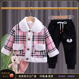 女童外套毛呢格子小熊外套秋冬季加厚洋气上衣女童中小童时尚百搭