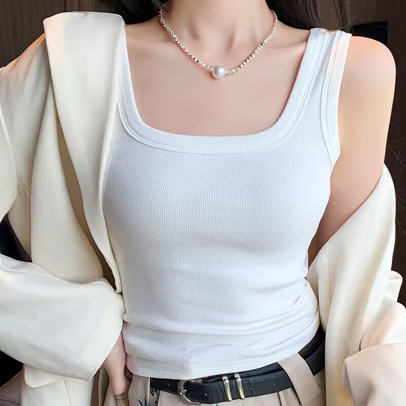 Threaded Cotton Vest for Women, Square Collar Sling to Cover Breasts, Spring & Fall New Slim-Fitting Bottoming Shirt for Women, Summer Sleeveless Inner Wear