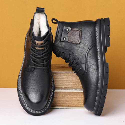 Autumn and winter suede men's shoes, non-slip leather shoes, men's genuine leather casual Martin boots, fur integrated thick warm cotton shoes