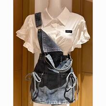 韩系辣妹风穿搭一整套女夏季新款学院风白色衬衫牛仔背带裙两件套