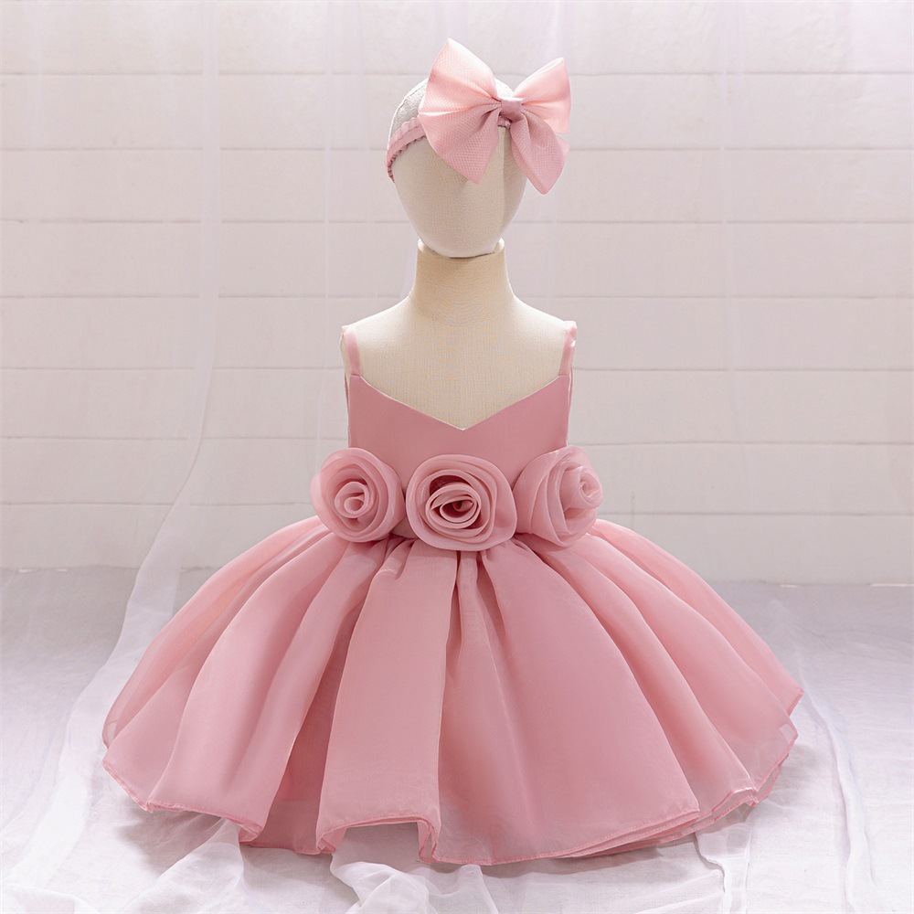Vestido de un año de edad Vestido de princesa vestido de tirantes flor anfitrión bebé niña cumpleaños banquete vestido de los niños vestido de novia de niña de las flores