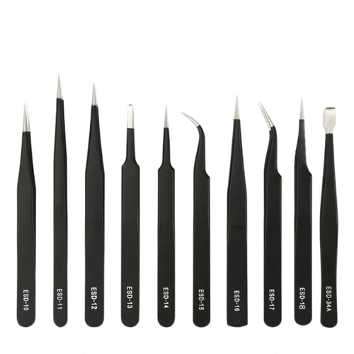 Stainless steel precision ESD tweezers 1.5mm black pointed elbow straight head bird's nest hair curler eyelashes anti-static