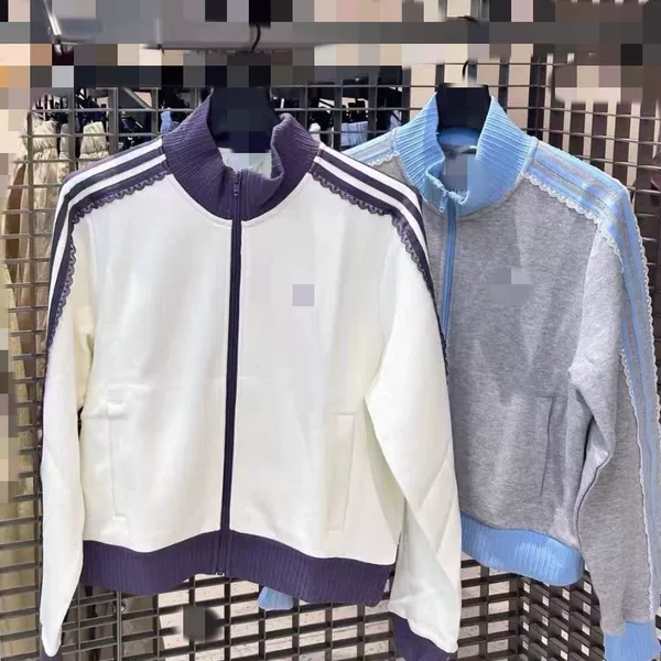 Spring and Autumn Branded Lace Trim Three-Stripe Casual Sports Jacket Knit Cardigan Top Women's Clothing 2334