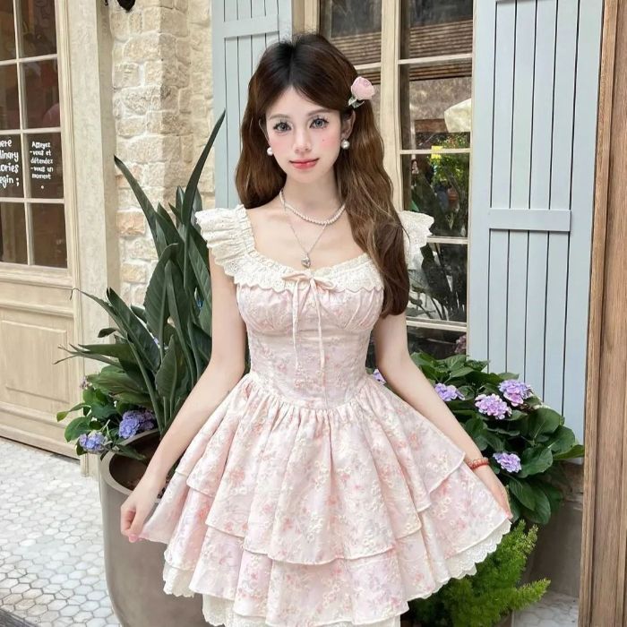 樱织花翎温柔碎花连衣裙女夏季甜美小飞袖公主蛋糕裙收腰蓬蓬裙子|undefined
