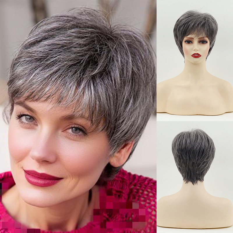 Wigs European and American Fashion Cross-Border Gray Granny Wig Fluffy Short Straight Hair Synthetic Fiber Wig Wholesale from Manufacturer Wigs European and American Fashion Cross-Border Gray Granny Wig Fluffy Short Straight Hair Synthetic Fiber Wig Wholesale from Manufacturer
