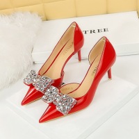 638-AH20 Korean Edition Banquet Women's Shoes High Heel Shallow Mouth Pointed Side Hollow Rhinestone Bow Single Shoe Women's High Heel Shoes