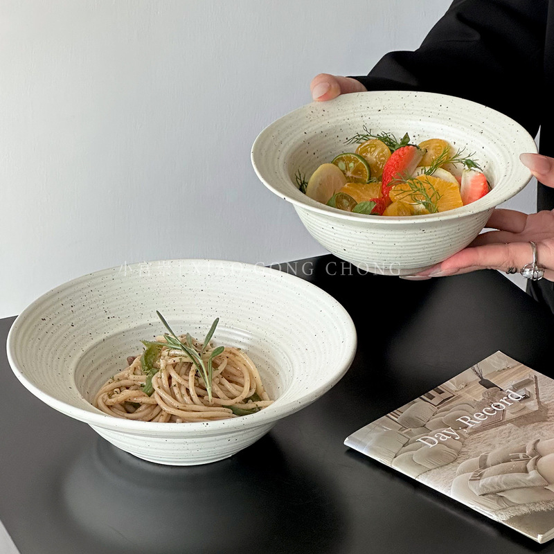 Japanese-Style Rustic Wide-Rim Bowl for Pasta, Fruit Salad, Vintage Dessert Straw Hat Bowl, Breakfast Cereal Snack Bowl