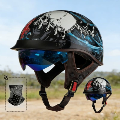 Motosiklet kaskı (dəbilqə) — Helmets, Summer Retro Cruiser - 11-black-night-wolf-with-face-mask-with-white-mirror-m
