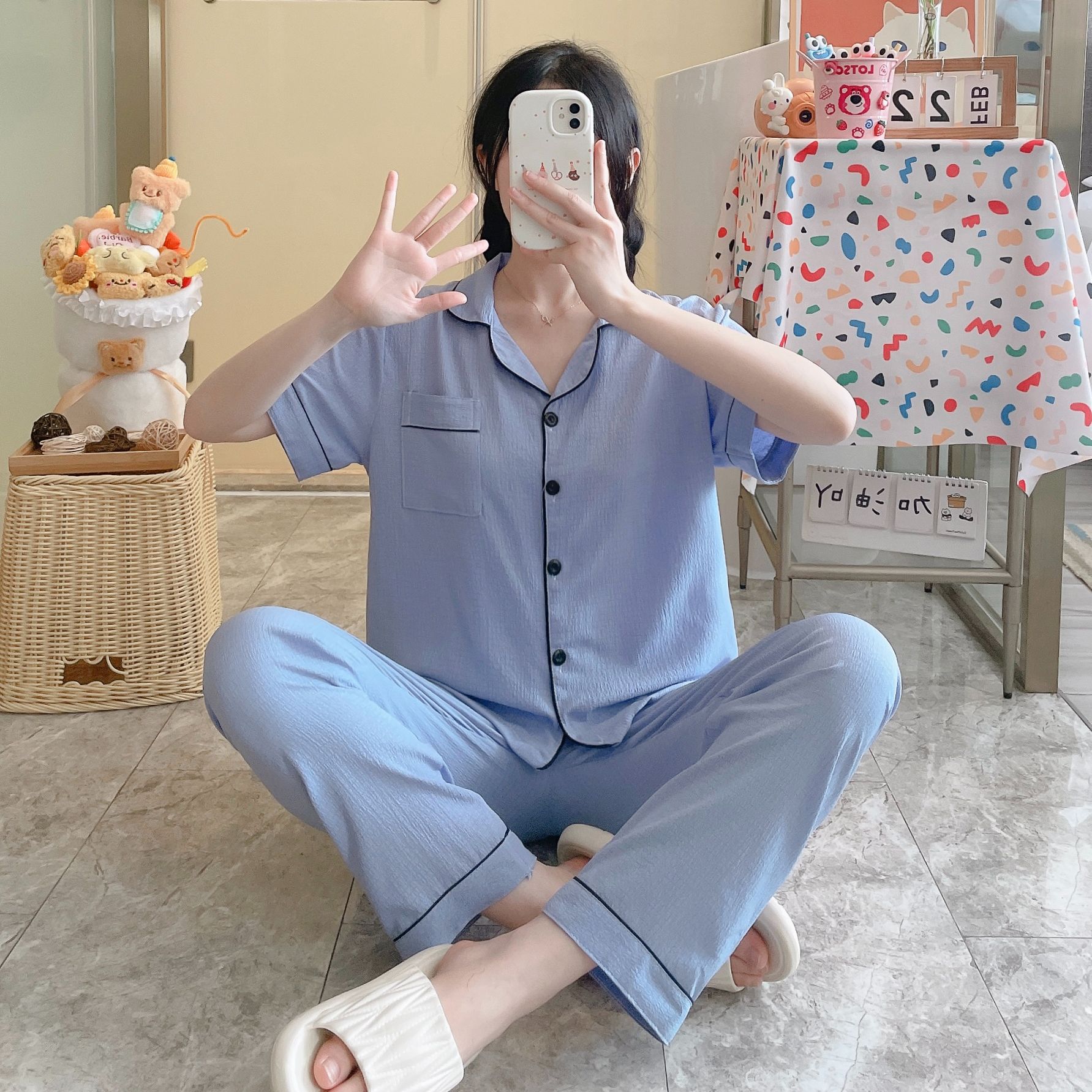 Comercio exterior transfronterizo al por mayor pantalones de manga corta pijamas mujeres verano espuma fina color sólido cardigan solapa traje de servicio a domicilio