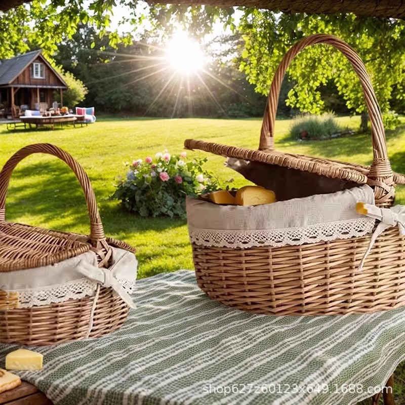 Excursión de primavera personalizada, cesta de picnic portátil de sauce pastoral, cesta de comedor plegable con tapa, accesorios para fotos, picnic al aire libre