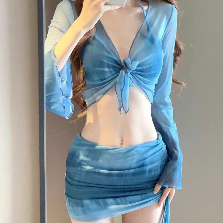 New Tie-Dye Bikini Sexy Slim-Fit Size Chest Push-up Long Sleeve Outer Shirt Split Skirt Swimsuit Women's Four-Piece Set
