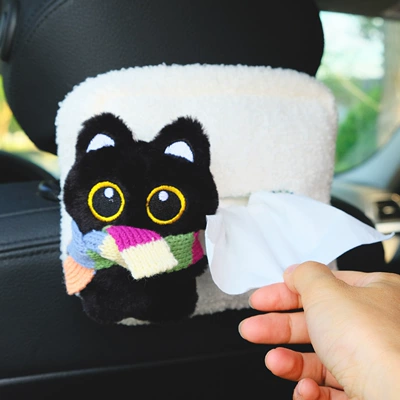 Cat Car Tissue Box Car Tissue: Car tissue box/set - little-black-cat-with-rainbow-scarf-white-tissue-cover-on-chair-back