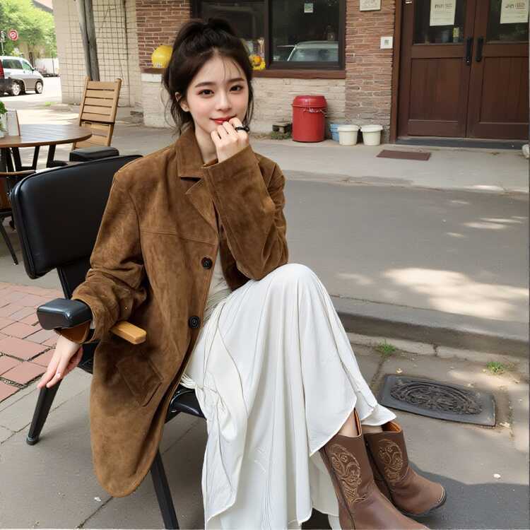 美拉德复古麂皮绒西装外套女春秋季2025新款感小个子棕色皮衣|undefined