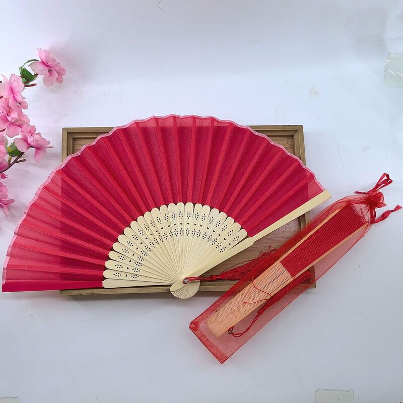21cm白扇子欧根紗袋流蘇純色結婚式布扇竹骨シルク布面印字可能|undefined