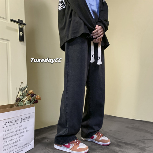 High Street Jeans Men Autumn Loose Straight Leg Wide Leg Pants Trend Brand Versatile American Retro Elastic Waist Casual Pants