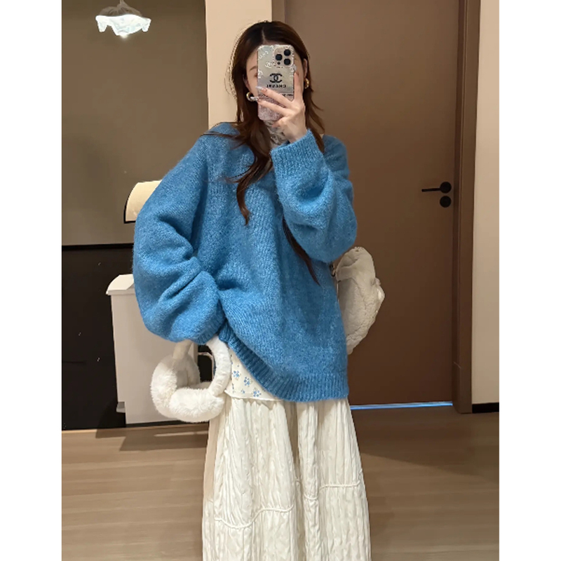 Blue V Neck Mohair Knitwear for Women 5 New Autumn and Winter Thickeneded Lazy Style Mid-Length Knitwear