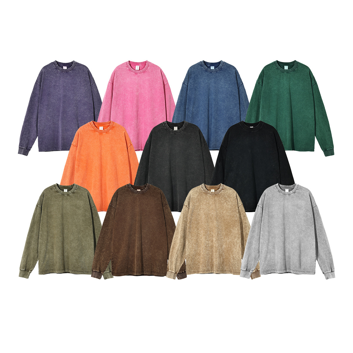 Camiseta de manga larga para hombre, estilo europeo y americano, estilo vintage, lavada, de algodón puro, de color sólido, para otoño e invierno, con diseño de copos de nieve, 250 g