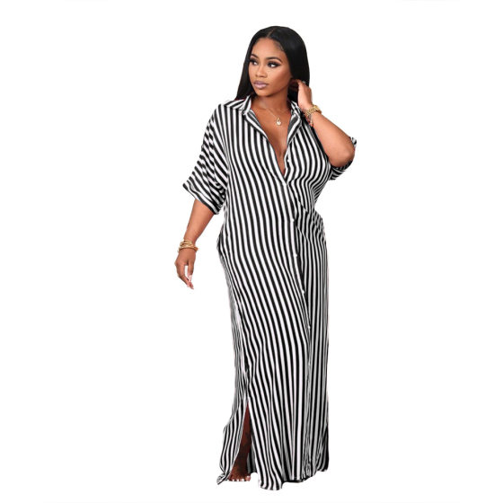 Autumn Women's Hot Striped Shirt dress Split dress Women