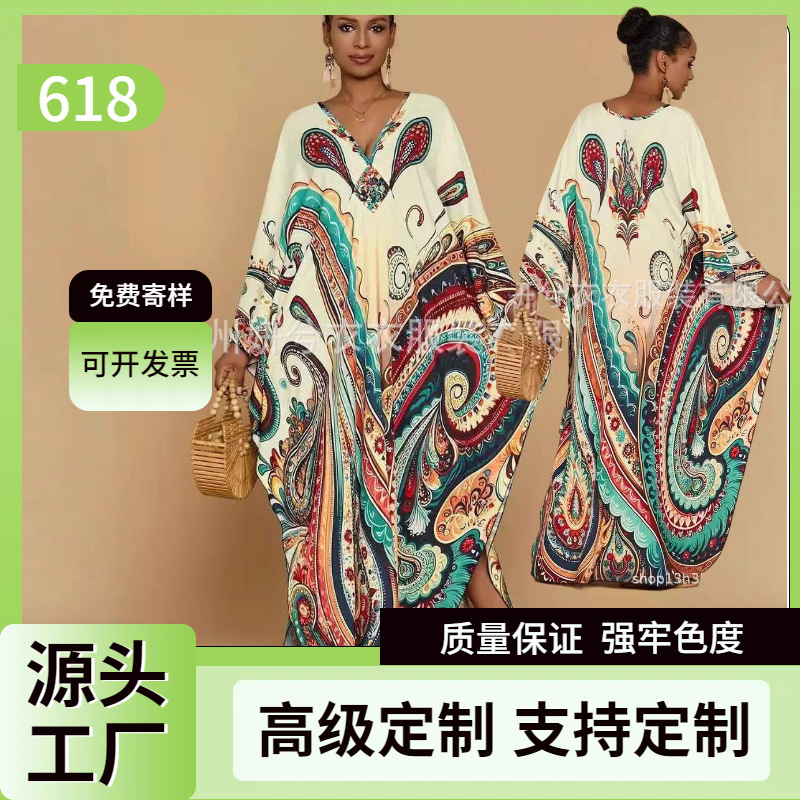Cross-Border European and American Printed Holiday Loose Large Size Robe Beach Cover-Up Dress
