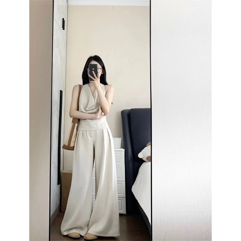 高级感气质荡领挂脖背心上衣女夏季高腰宽松休闲拖地阔腿裤两件套|undefined