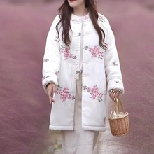 国风复古盘扣中长款夹棉加厚苎麻外套女宽松文艺重工刺绣棉衣棉服