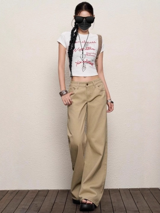 微喇牛仔裤女秋小个子牛仔不贴腿微喇裤女喇叭卡其色长裤显瘦|undefined