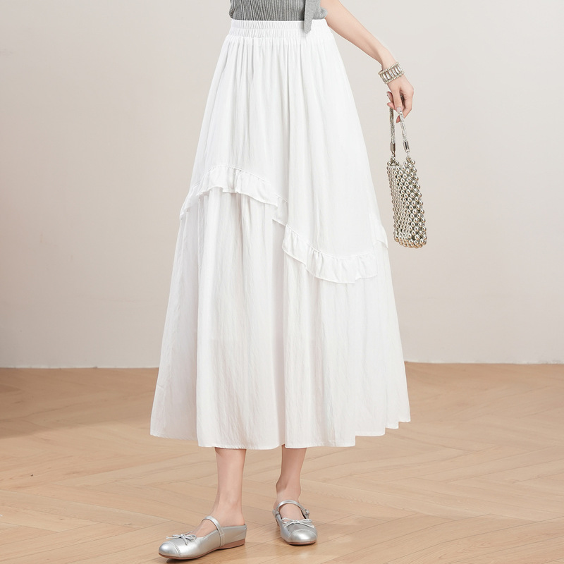 Elastic Waist White A-Line Skirt for Petite Women, 2026 Summer New Style, Mid-Length Casual Umbrella Skirt Elastic Waist White A-Line Skirt for Petite Women, 2026 Summer New Style, Mid-Length Casual Umbrella Skirt