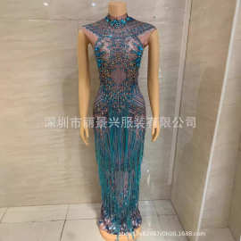 现货演出服夜店酒吧女歌手DJ嘉宾假露肉印花包臀长裙流苏蓝点子