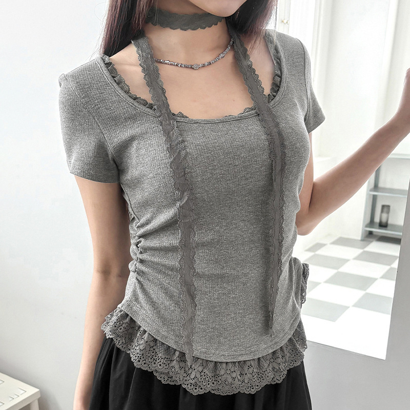 Low Price Clearance # Purely Korean-Style Lace Neck Scarf Short-Sleeved T-Shirt with a Youthful and Elegant Vibe, Age-Reducing, Waist-Slimming Top.