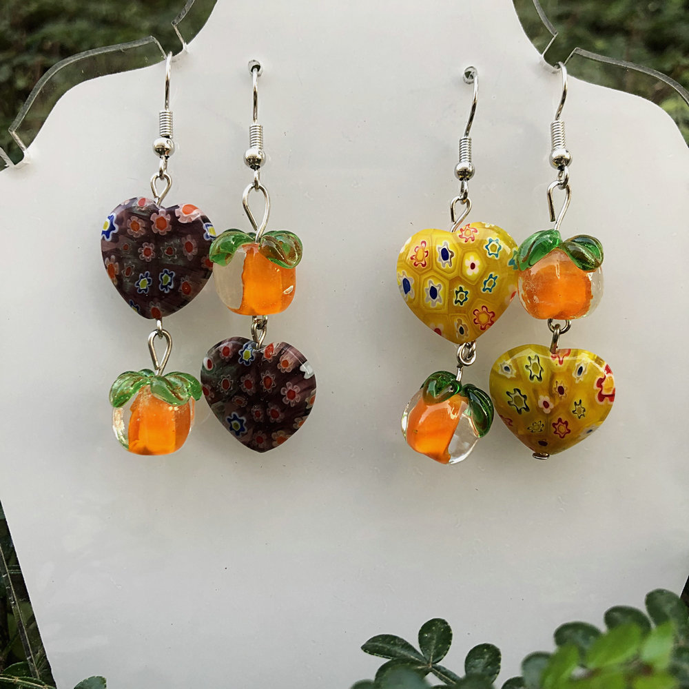 15g Weight Alloy Ear Needle Material Drop Earrings Classification 1 Pair Quantity Daily Occasion Glass, Metal Material Persimmon, Heart Shape, Flower Pattern All Seasons Season Women's Gender Polished Finish Asymmetrical Design Cute Style 1 Pair Cute Persimmon Heart Shape Flower Asymmetrical Glass Metal Drop Earrings 10